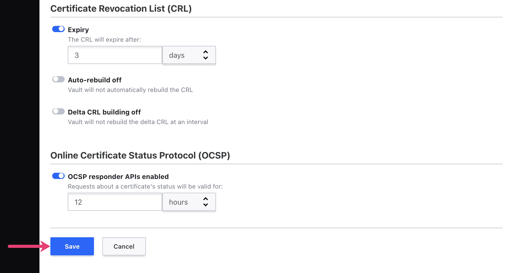 Save PKI int secrets engine configuration